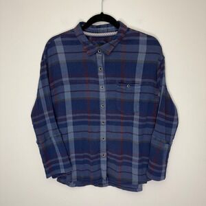 Prana Womens Fillary Blue Plaid Button Down 3/4 Bell Sleeve Shirt Organic Cotton